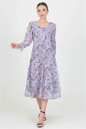 Neşeli butik kadın gri kalp yaka yeni sezon desenli şifon elbise RY0030