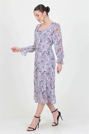 Neşeli butik kadın gri kalp yaka yeni sezon desenli şifon elbise RY0030