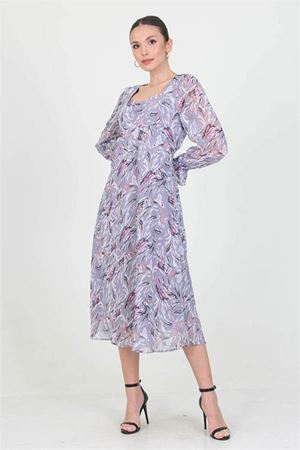 Neşeli butik kadın gri kalp yaka yeni sezon desenli şifon elbise RY0030