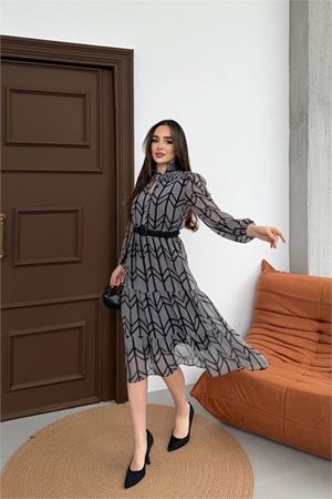Neşeli butik kadın gri küçük desenli yaka bağlama detaylı astarlı şifon günlük elbise NBELB05