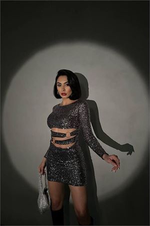 Neşeli butik kadın gri halka detyalı mini pul payet elbise NBDF106