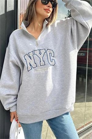 Neşeli butik kadın gri içi polar nakışlı sweat NBG033