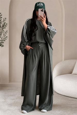 Neşeli butik kadın haki şerit detaylı oversize tunik pantolon ikili tesettür takım NMS102