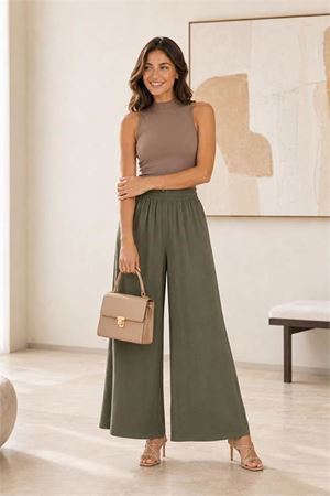 Neşeli butik kadın haki bel lastikli rahat kalıp palazzo pantolon NBPNT002