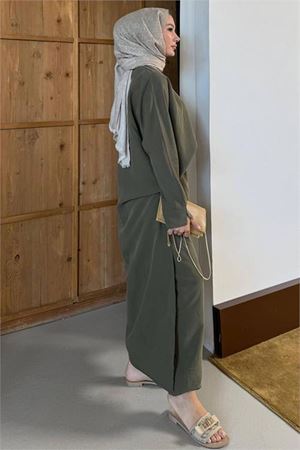 Neşeli butik kadın haki asimetrik tunik pantolon oversize tesnsel tesettür takım NMS104