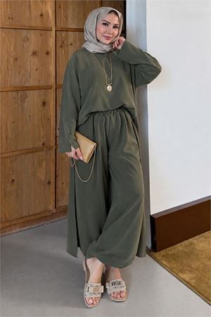 Neşeli butik kadın haki asimetrik tunik pantolon oversize tesnsel tesettür takım NMS104