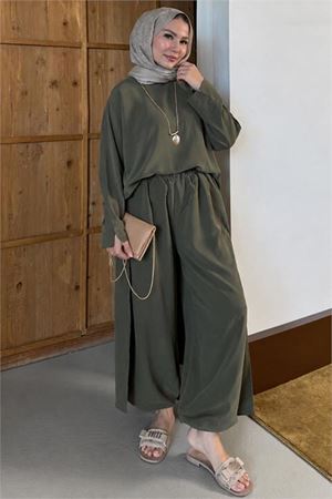 Neşeli butik kadın haki asimetrik tunik pantolon oversize tesnsel tesettür takım NMS104