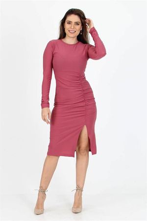 Neşeli butik kadın yırtmaç detaylı midi boy örme krep elbise SHNZ11