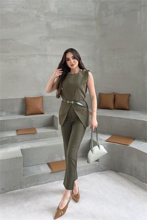 Neşeli butik kadın haki omuz düğme detaylı kolsuz blazer pantolon takım ---NBTKM4061