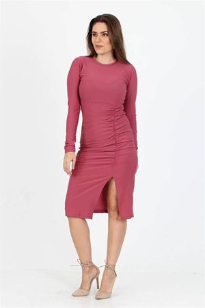 Neşeli butik kadın yırtmaç detaylı midi boy örme krep elbise SHNZ11