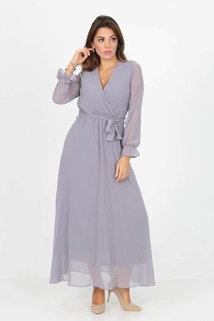 Neşeli Butik Kadın Kruvaze Yaka Bağlama Detaylı Yeni Sezon Uzun Şifon Elbise KTS003