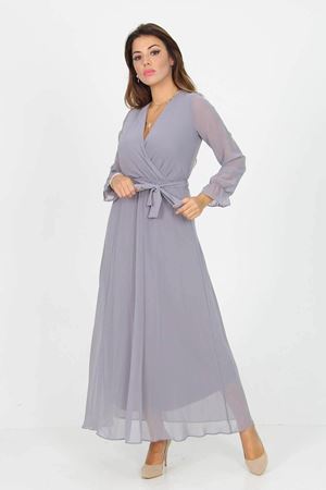 Neşeli Butik Kadın Kruvaze Yaka Bağlama Detaylı Yeni Sezon Uzun Şifon Elbise KTS003