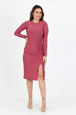Neşeli butik kadın yırtmaç detaylı midi boy örme krep elbise SHNZ11