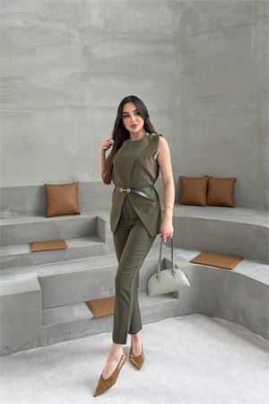 Neşeli butik kadın haki omuz düğme detaylı kolsuz blazer pantolon takım ---NBTKM4061