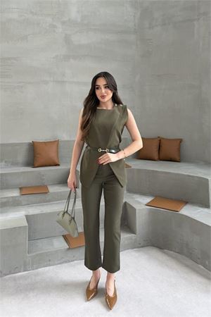 Neşeli butik kadın haki omuz düğme detaylı kolsuz blazer pantolon takım ---NBTKM4061