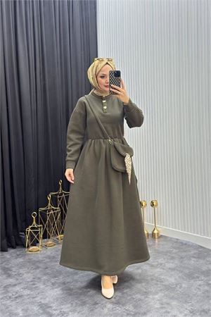 Neşeli butik kadın haki gold düğmeli çanta detaylı tam boy tesettür elbise NMS077