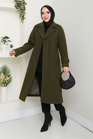 Neşeli butik kadın düğme detaylı astarlı midi boy kuşaklı kaşe kaban NBFT004