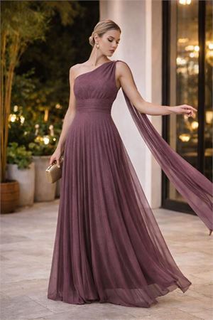 Neşeli butik kadın gül kurusu tek omuz pilise detaylı simli tül kumaş abiye elbise NBSWLL16