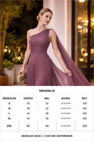 Neşeli butik kadın gül kurusu tek omuz pilise detaylı simli tül kumaş abiye elbise NBSWLL16
