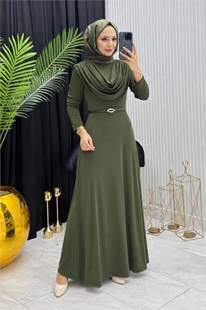 Neşeli butik kadın haki sandy kumaş degaje yaka kemer detaylı tesettür elbise---- NMS096