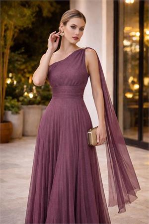 Neşeli butik kadın gül kurusu tek omuz pilise detaylı simli tül kumaş abiye elbise NBSWLL16