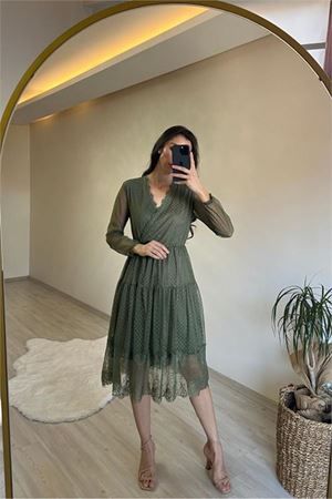 Neşeli butik kadın kruvaze yaka dantelli tül elbise NM010