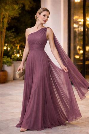 Neşeli butik kadın gül kurusu tek omuz pilise detaylı simli tül kumaş abiye elbise NBSWLL16
