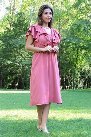 Neşeli butik kadın yaka ve kolları fırfırlı bağlama detaylı ayrobin elbise NB10050