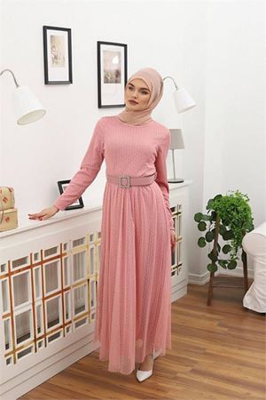 Neşeli butik kadın puantiyeli tesettür elbise RSSN45 - Gül kurusu