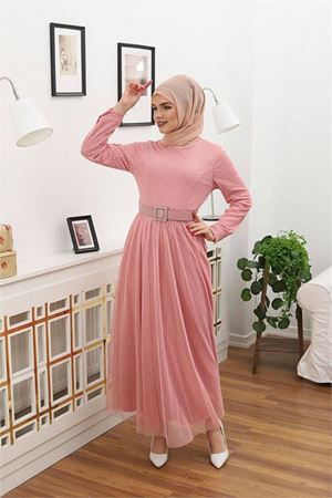 Neşeli butik kadın puantiyeli tesettür elbise RSSN45 - Gül kurusu