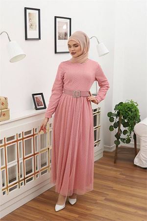 Neşeli butik kadın puantiyeli tesettür elbise RSSN45 - Gül kurusu