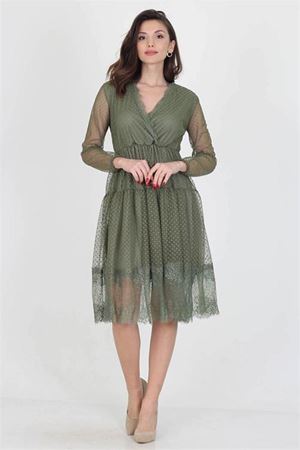 Neseli butik kruvaze yaka eteği güpür detaylı yeni sezon elbise NB0010