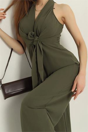 Neşeli butik kadın haki bağlama detaylı tulum NBMY3551