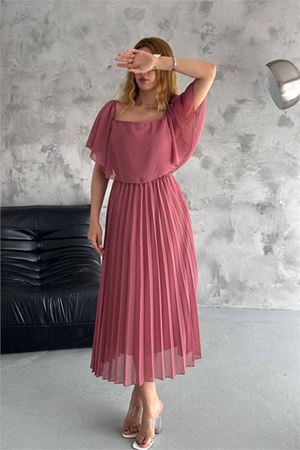 Neşeli butik kadın madonna yaka piliseli şifon elbise NBK2099