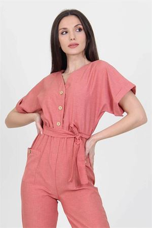 Neşeli Butik Kadın V Yaka Düğme Detaylı Tulum NB7068