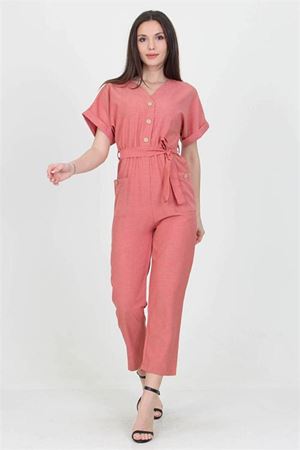 Neşeli Butik Kadın V Yaka Düğme Detaylı Tulum NB7068