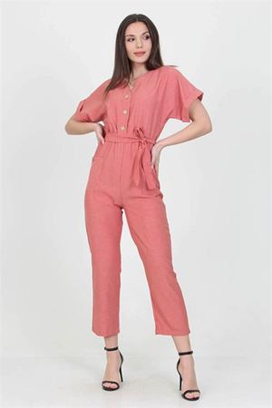 Neşeli Butik Kadın V Yaka Düğme Detaylı Tulum NB7068