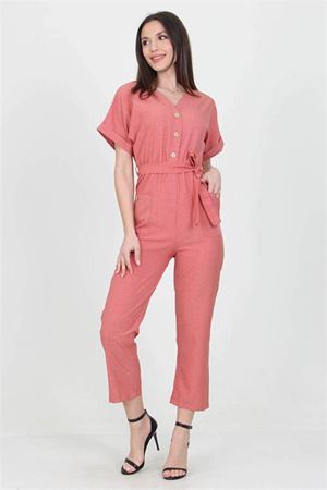 Neşeli Butik Kadın V Yaka Düğme Detaylı Tulum NB7068