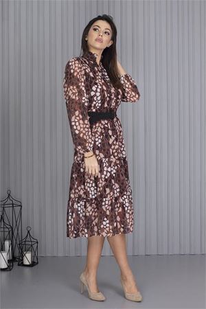 Neşeli Butik Kadın Kahverengi Kemerli Leopar Desenli Şifon Elbise Apcx04