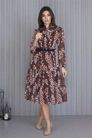 Neşeli Butik Kadın Kahverengi Kemerli Leopar Desenli Şifon Elbise Apcx04
