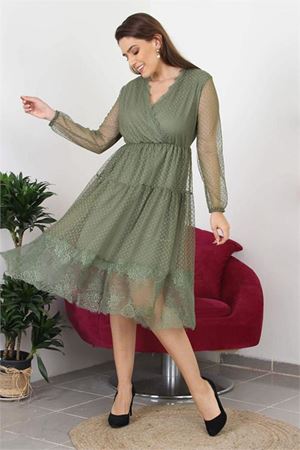 Neşeli butik kadın kruvaze yaka eteği güpür detaylı yeni sezon elbise APCX10