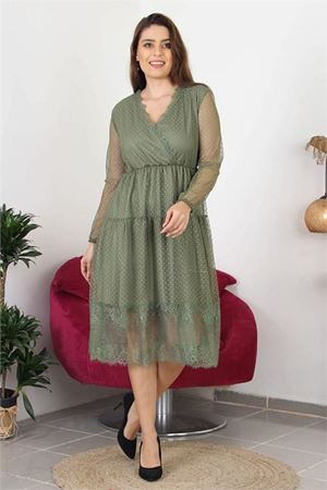 Neşeli butik kadın kruvaze yaka eteği güpür detaylı yeni sezon elbise APCX10