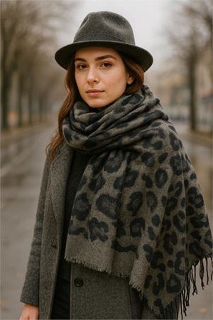 Neşeli butik kadın yumuşak dokulu leopar desen püsküllü şal atkı NBAKS051