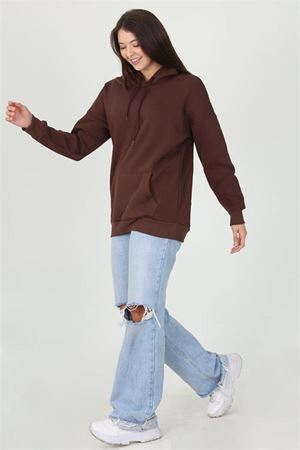 Neşeli butik kadın kahverengi kapüşonlu kanguru cepli üç iplik sweatshirt FVR002