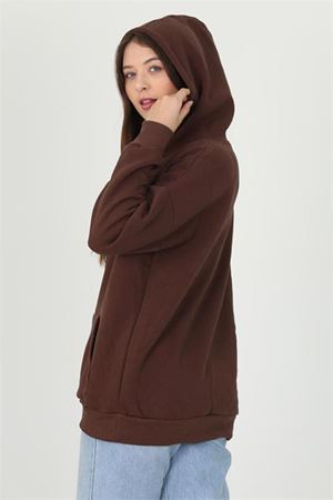 Neşeli butik kadın kahverengi kapüşonlu kanguru cepli üç iplik sweatshirt FVR002