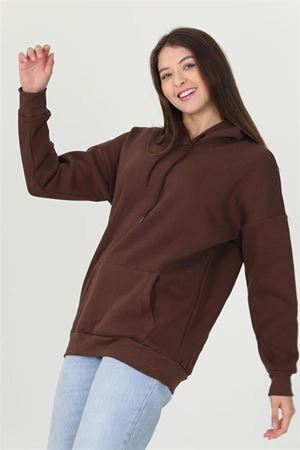 Neşeli butik kadın kahverengi kapüşonlu kanguru cepli üç iplik sweatshirt FVR002
