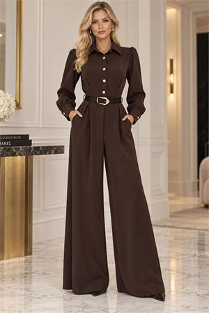 Neşeli butik kadın kahverengi balon kol kemerli gömlek yaka krep kumaş tulum NBK5006