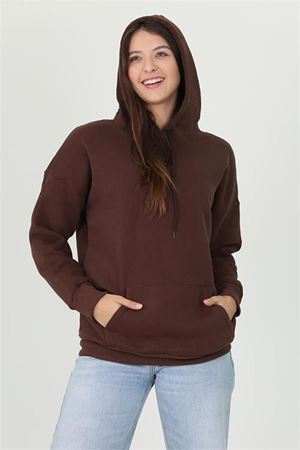 Neşeli butik kadın kahverengi kapüşonlu kanguru cepli üç iplik sweatshirt FVR002