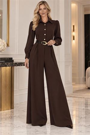 Neşeli butik kadın kahverengi balon kol kemerli gömlek yaka krep kumaş tulum NBK5006