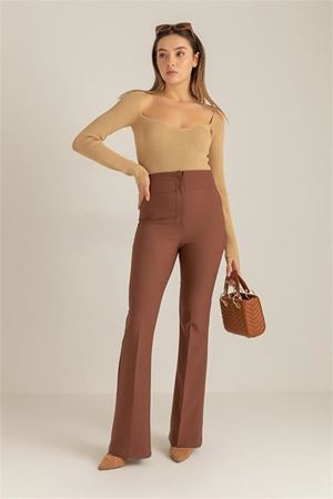 Neşeli butik kadın yüksek bel ispanyol paça pantolon QNS046 - Kahverengi